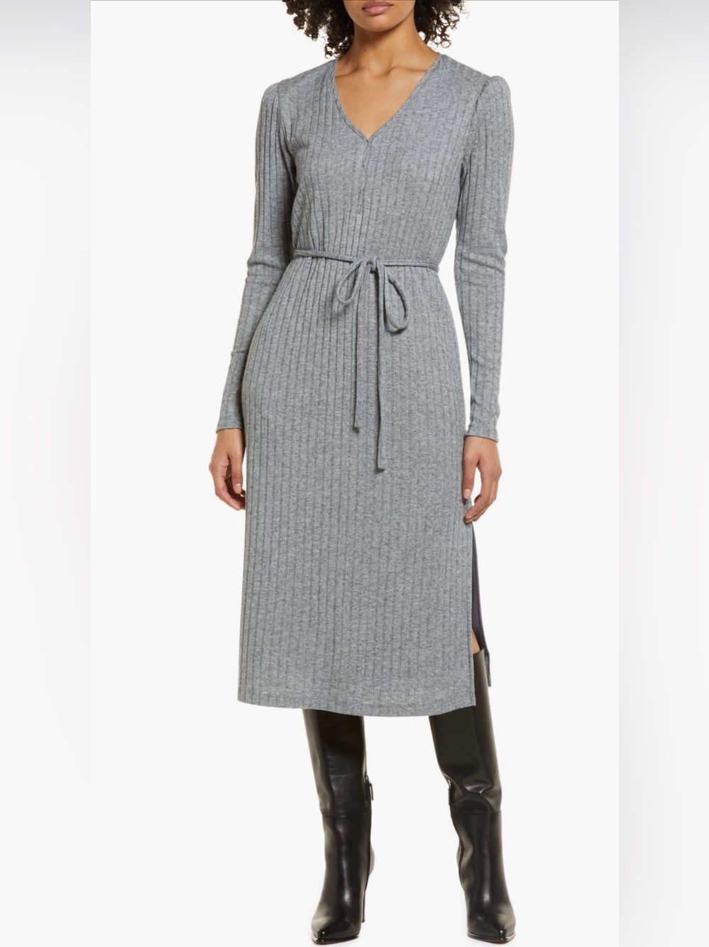 Julia Jordan Ribbed V-Neck Long Sleeve tie waist Knit Dress in Heather Gray 4